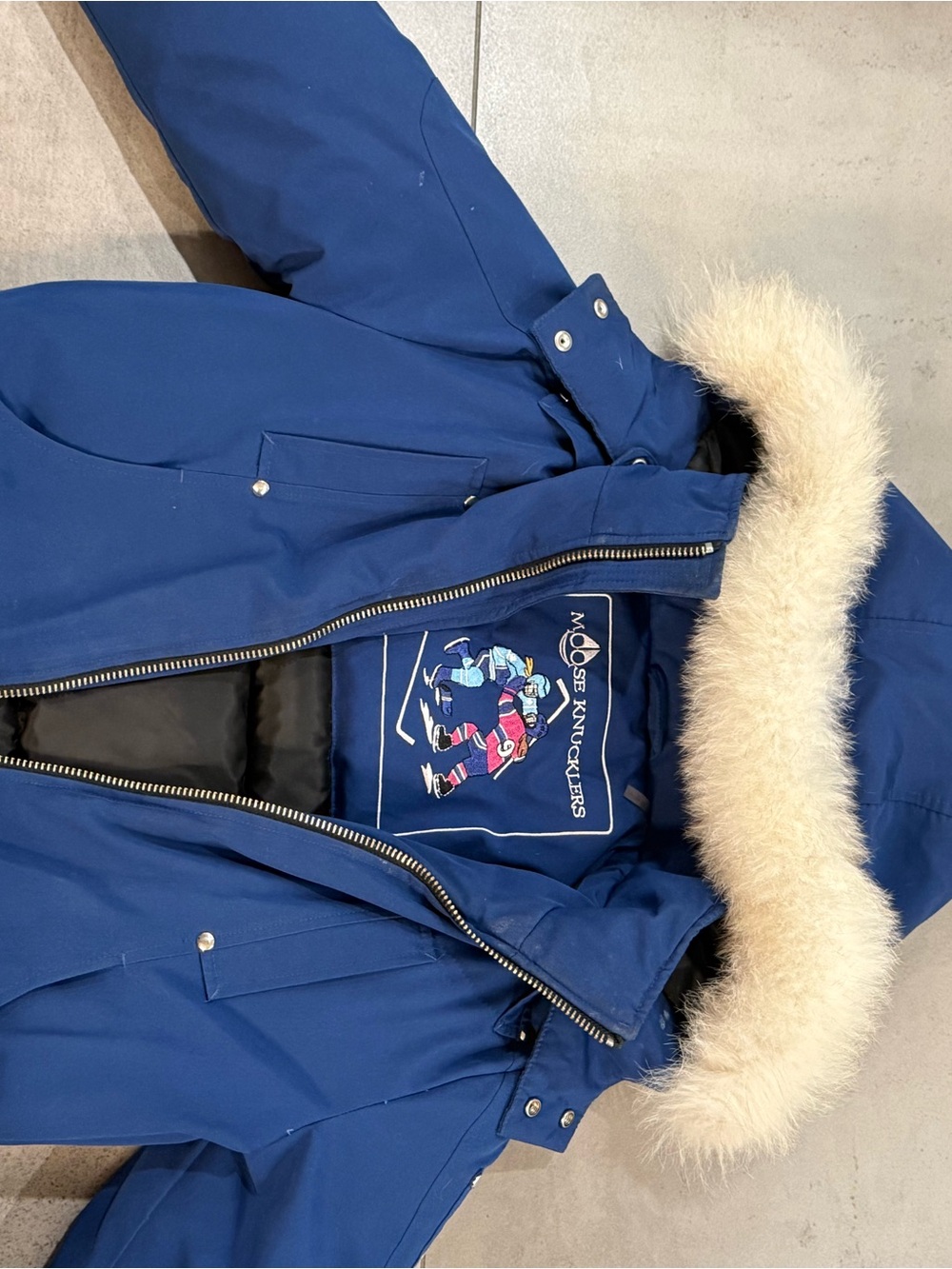 Moose Knuckles Kids Navy Blue Puffer Jacket with Faux Fur Trim